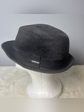 Stetson Black Wool Felt Fedora Pork Pie Player Hat with Branded Pin, Size XL